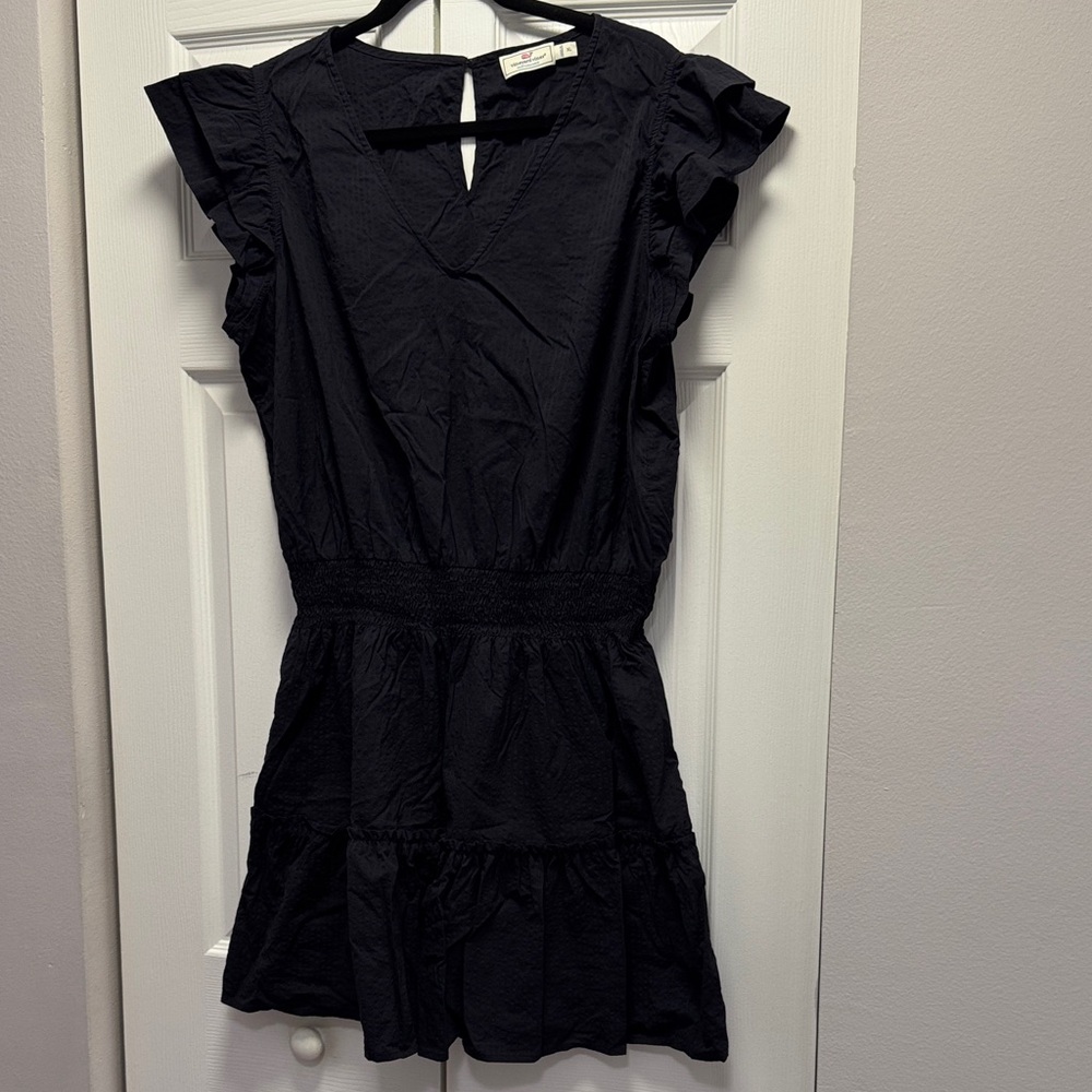 Vineyard Vines Black Mini Dress with Ruffle Sleeves